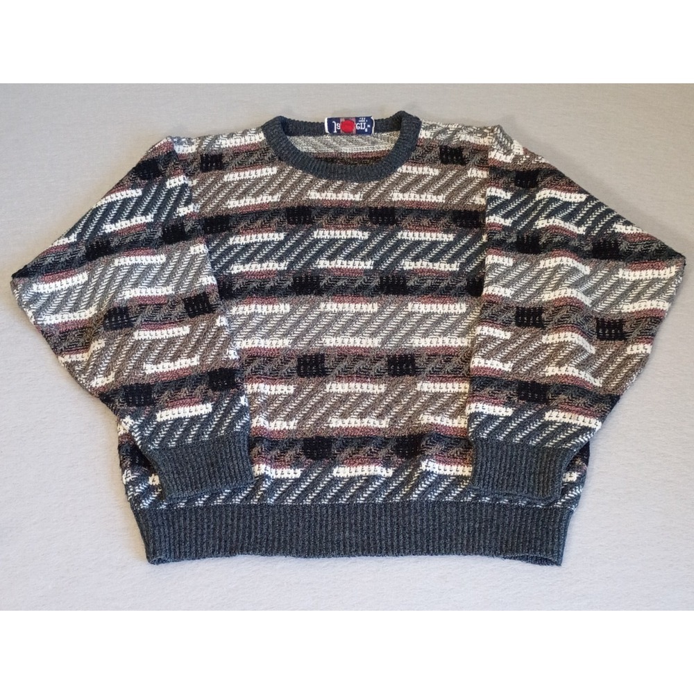 Vintage 90s Jantzen Knit Sweater Patterned Geometric Medium Gray,Pink,White Cozy